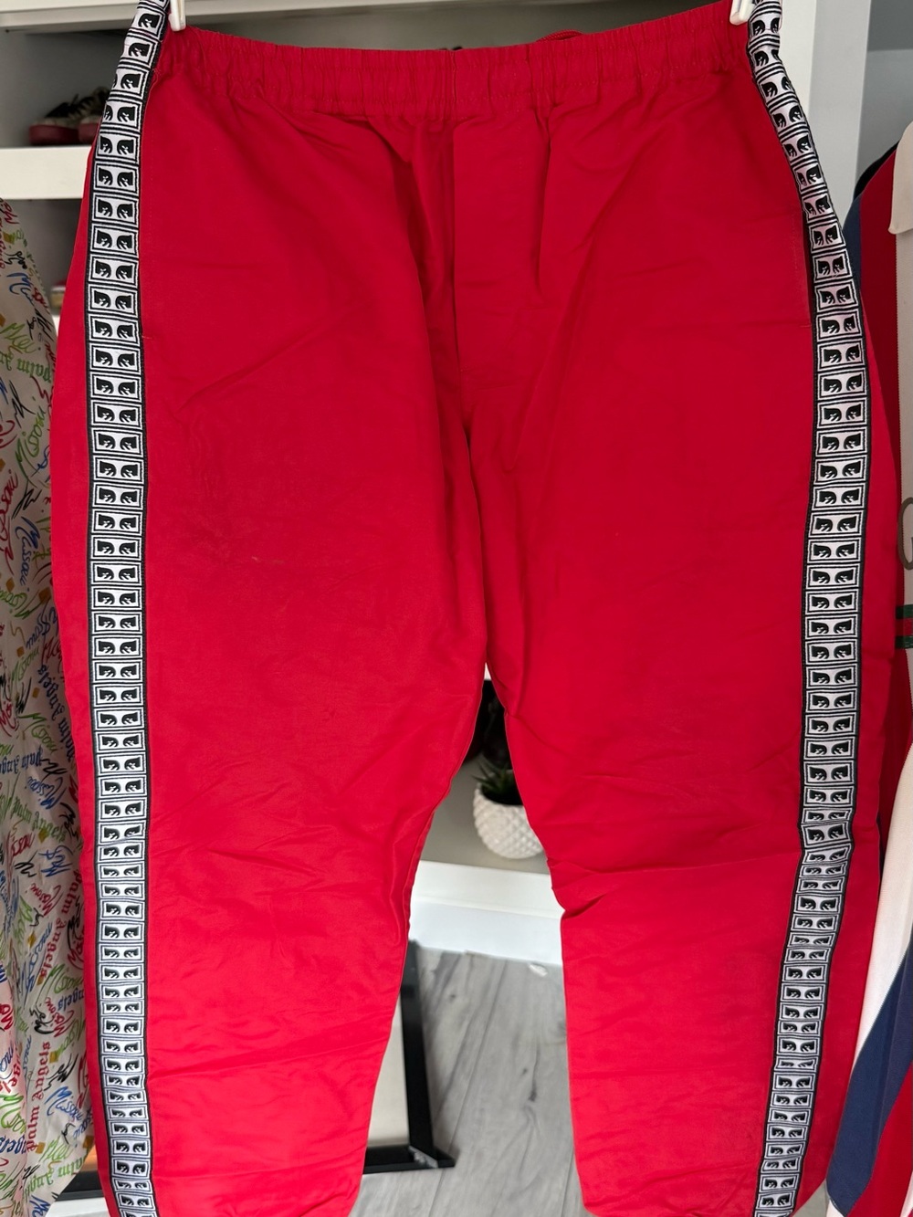 OBEY Unisex Red Track Pants with Side Stripe